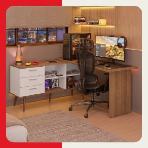 Escrivaninha Em L Mesa Para Computador Gamer 3 Gavetas Branco/rustic Lisboa Madesa