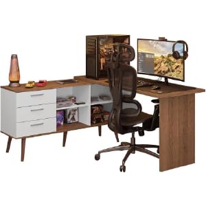 Escrivaninha Em L Mesa Para Computador Gamer 3 Gavetas Branco/rustic Lisboa Madesa
