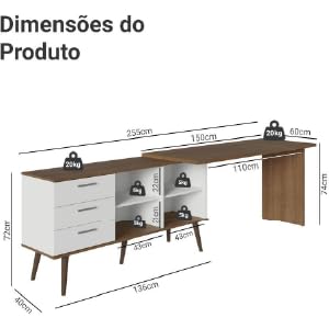 Escrivaninha Em L Mesa Para Computador Gamer 3 Gavetas Branco/rustic Lisboa Madesa