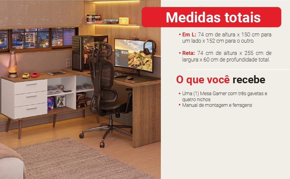 Escrivaninha Em L Mesa Para Computador Gamer 3 Gavetas Branco/rustic Lisboa Madesa