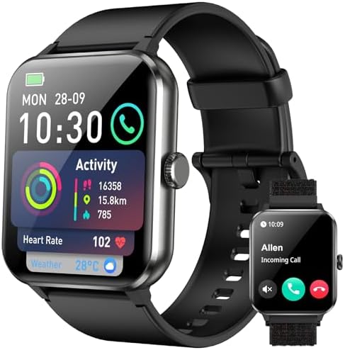 Smartwatch,Relógio Inteligente para Homens e Mulheres, 1.85“ Tela HD Touch, 100+ Modos Esportivos, Chamadas Bluetooth,Assistente de Voz, Compatível com iOS/Android,Inclui 2 Pulseiras,Preto
