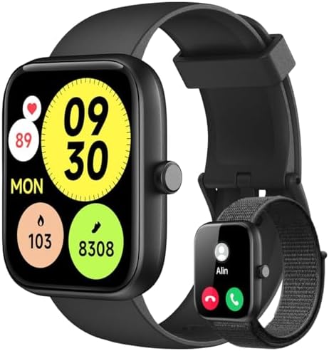 Smartwatch Relógio Inteligente, Tela HD de 1,83" Relógio Fitness com Alexa, 120 Esportes, Frequência Cardíaca e Monitoramento do Sono, IP68 à rova d'água, Compatível com Android iOS, 2 Pulseiras Preto
